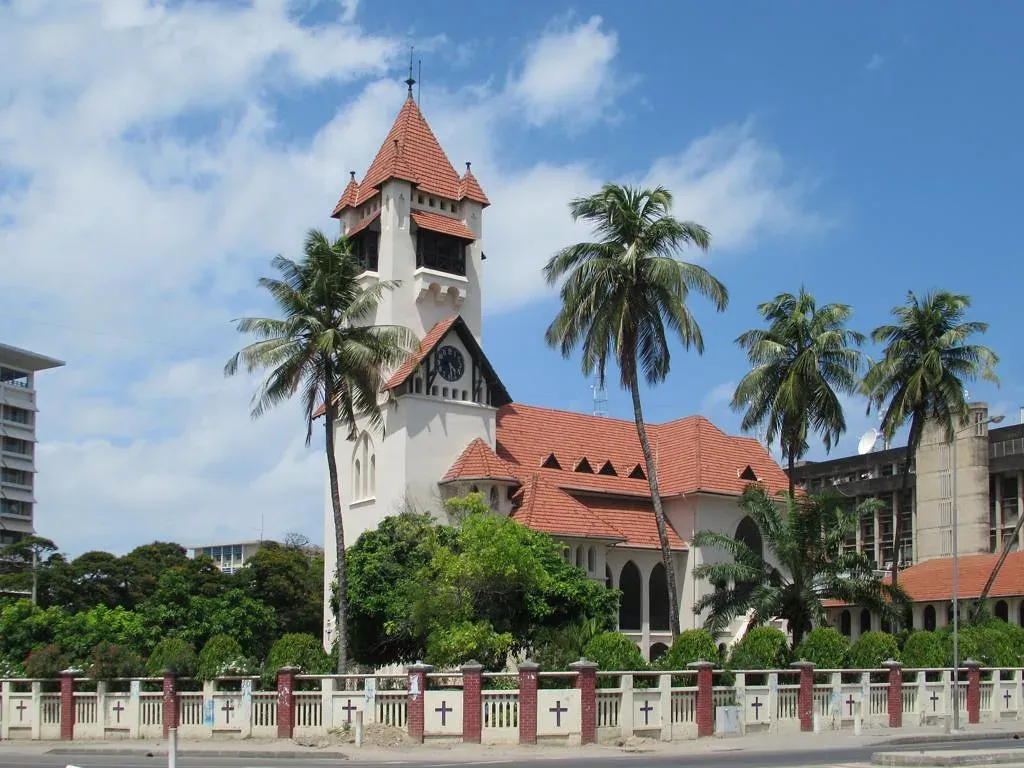 The red-roofed Azania Front Lutheran Church on the Dar es Salaam waterfront